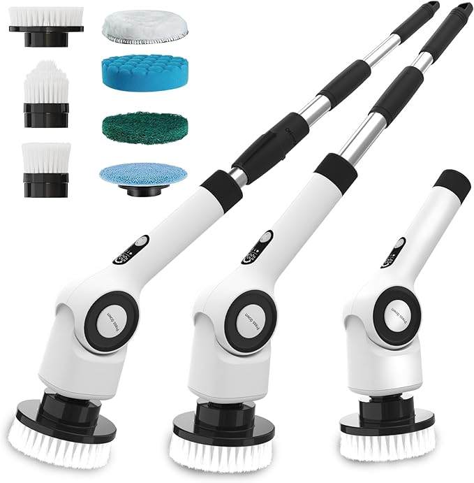 Electric Spin Scrubber,Cordless Cleaning Brush with 8 Replaceable Brush Heads,360°Power Scrubber for Tub and Floor Tile,with 3 Adjustable Speed & Rotatable & Detachable Handle for Bathroom Kitchen Car