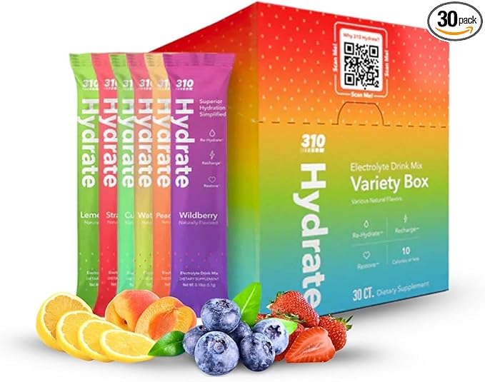 310 Nutrition Sugar Free Electrolytes Powder - Instant Hydration Packets for Daily Fluid Balance - Caffeine-Free Rehydration Drink Mix w/Vitamins, Low Calorie & Keto Friendly - Variety 30 Singles