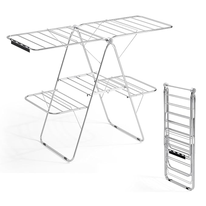 APEXCHASER Clothes Drying Rack with 4 Wings, Stainless Steel Drying Rack Clothing with Sock Clips, Metal Connectors, Height-Adjustable, Foldable Laundry Drying Rack, Indoor Outdoor Use, No Assembly