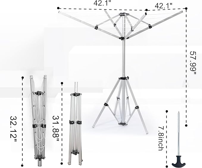 Outdoor Drying Rack with 4-arm Telescopic Aluminum Drying Rack Fixed with Ground Nails, 28 Drying Ropes, 65 Feet Large Capacity Windproof Rotating Umbrella Style Clothes Drying Rack