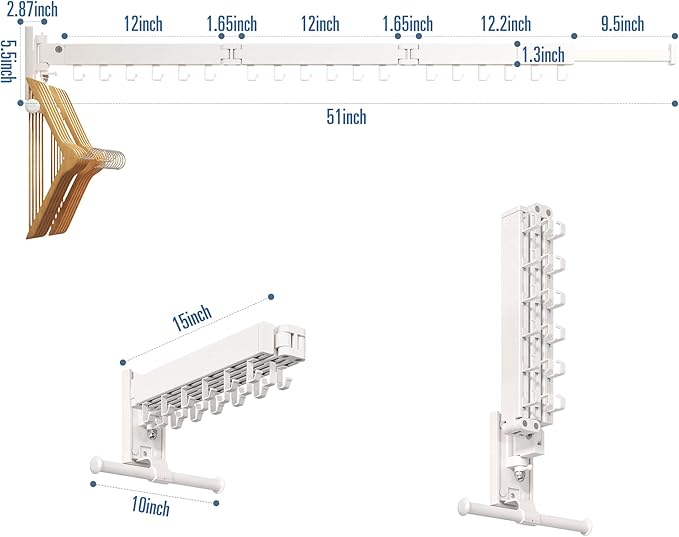 Drying Rack, Wall Mounted Clothes Rack, Aluminum, 220lbs Capacity, Foldable, White