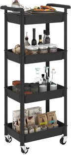 4 Tier Rolling Cart with Handle, Utility Cart with Table Top Easy Assembly Bathroom Storage Cart on Wheels for Office, Living Room, Kitchen, Craft Room, Black