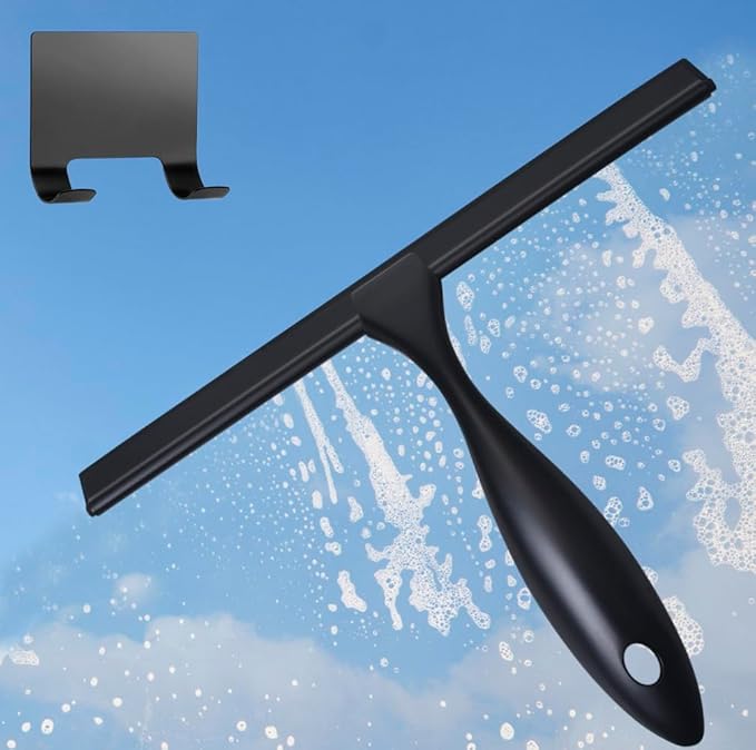 12'' Light Weight Stainless Steel Shower Squeegee for Glass Doors with 4 Pieces Set (1 Window Squeegee, 1 Door Hook and 2 Adhesive Hooks) Perfect Cleaning Tool for Car, Window, Bathroom Mirror