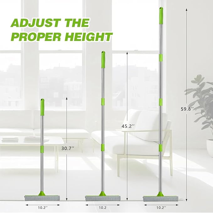 2-in-1 Window Squeegee with 30"-59" Stainless Steel Adjustable Handle - Glass Cleaner for Shower Doors, Car Windshield & High Outdoor Windows