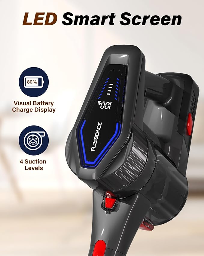 Cordless Vacuum Cleaner, 450W/45KPA Self-Standing Stick Vacuum, Lightweight Handheld Vacuum with LED Screen, Rechargeable Vacuum for Home, Hardwood, Carpets, Pet Hair, Car (Red)