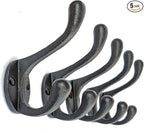 Ambipolar 5 Pack Decorative Cast Iron Heavy Duty Double Hooks, Wall Mounted Coat Hooks, Vintage Inspired (Antique Black) (Cornish Hook)