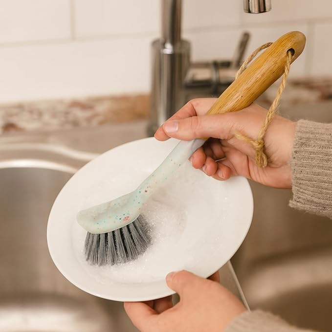 Beille 1pc Dish Brush with 9 Inch Bamboo Handle Household Essentials Cleaning Supplies