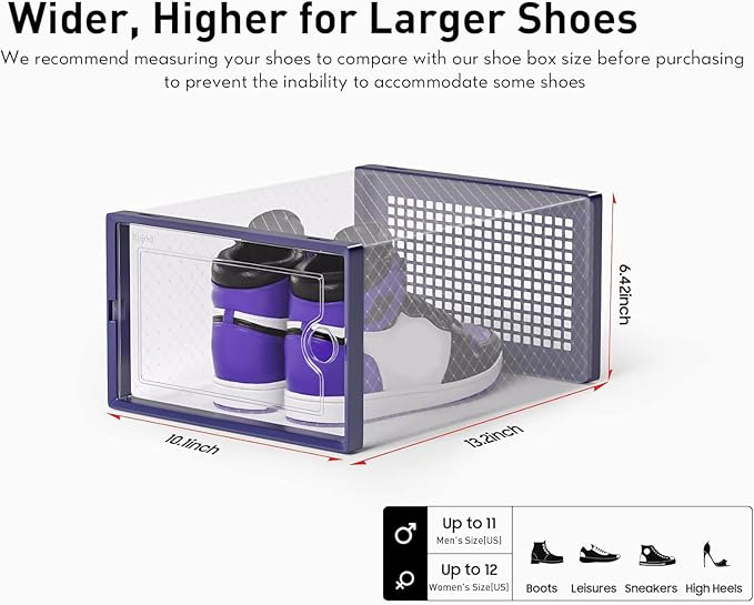 Kuject X-Large Shoe Storage Boxes Organizers Clear Plastic Stackable 12 Pack, Shoe Rack & Holder Substitute, Sneaker Containers, Toy Storage Organizer Bins for Entryway, Closet, Under Bed, Blue