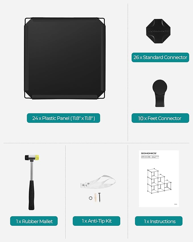 SONGMICS 6 Cube Storage Organizer, Modular Bookshelf, DIY Closet Organizers and Storage, Plastic Stackable Shelves, 11.8 x 11.8 x 11.8 Inch Cubes, with Feet and Rubber Mallet, Black ULPC06H