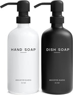 Luxury Glass Hand and Dish Soap Dispenser Set by Brighter Barns - Kitchen Soap Dispenser Set with Stainless Steel Pump for Kitchen Sink - Neutral Modern Farmhouse Home Decor for Airbnb (Black/White)