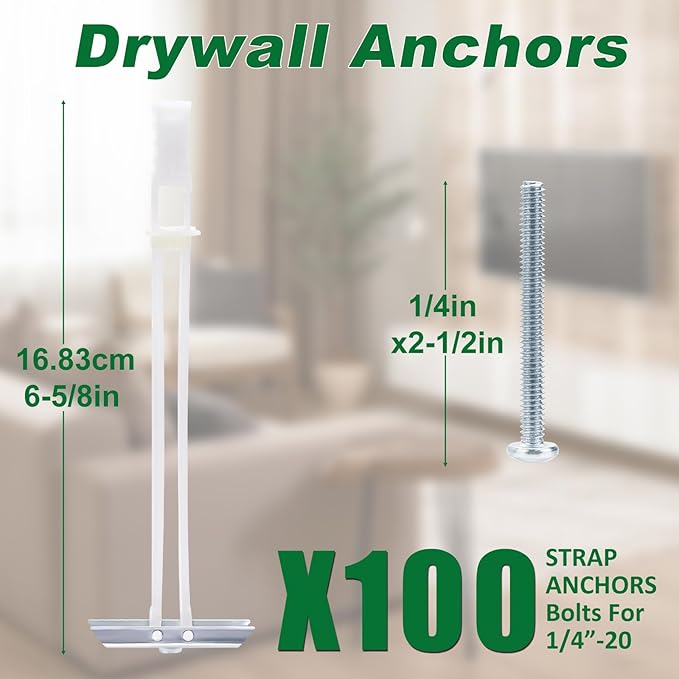 Drywall Anchor with Included Bolts for 1/4-20 Fastener Size, Wall Anchors Drywall Heavy Duty for TV Mounting, Hollow-Wall Anchors Screws Kit Holds Up to 270 Pounds Each in 1/2-in Drywall-100 Pack