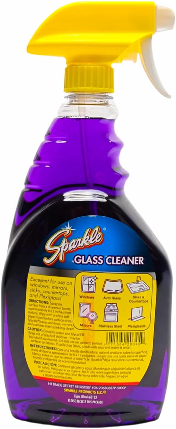 Sparkle Glass Cleaner, Ammonia-Free Streak-Free Formula, 33.8 fl oz Spray Bottle, Safe for Windows, Mirrors & Glass Surfaces (Pack of 2)