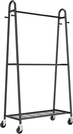 Sakugi Metal Clothes Rack - Clothing Racks for Hanging Clothes with Two Hanging Rods, 4 Hooks & Mesh Shelf, Triangular Coat Rack for Bedroom, Closet, Laundry Room, 36.5"x 16.9"x 71.3",Black