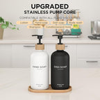 Hand and Dish Soap Dispenser Set,16oz Glass Bottles with Printed Labels, Bamboo Tray & Pump,Countertop Soap Dispensers for Kitchen,Luxury, Minimalist & Farmhouse Decor (Hand Dish (Black/White))