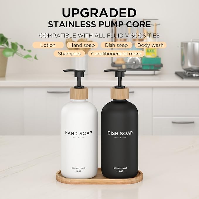Hand and Dish Soap Dispenser Set,16oz Glass Bottles with Printed Labels, Bamboo Tray & Pump,Countertop Soap Dispensers for Kitchen,Luxury, Minimalist & Farmhouse Decor (Hand Dish (Black/White))