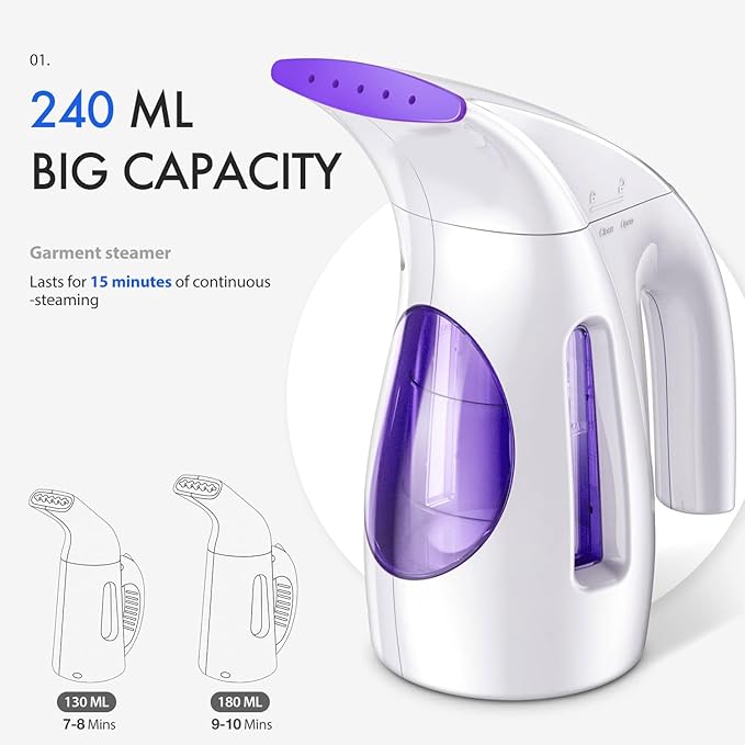 HiLIFE Steamer for Clothes, Portable Handheld Design, 240ml Big Capacity, 700W, Strong Penetrating Steam, Removes Wrinkle, for Home, Office and Travel(ONLY FOR 120V)