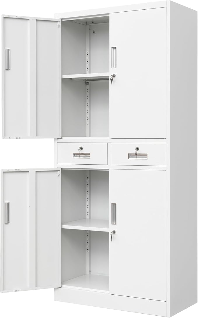 Metal Storage Cabinet with 2 Drawers 71" H,White Metal Garage Cabinets with 2 Lockable Doors and Adjustable Shelves Easy to Assemble for Home Office, Kitchen,Pantry,Garage,Warehouse