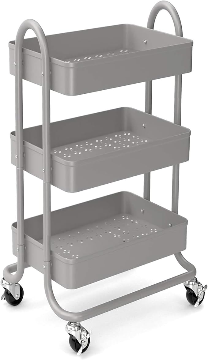 KoolerThings 3-Tier Rolling Metal Storage Organizer - Mobile Utility Rolling Storage Cart, Kitchen Cart with Caster Wheels (Grey)