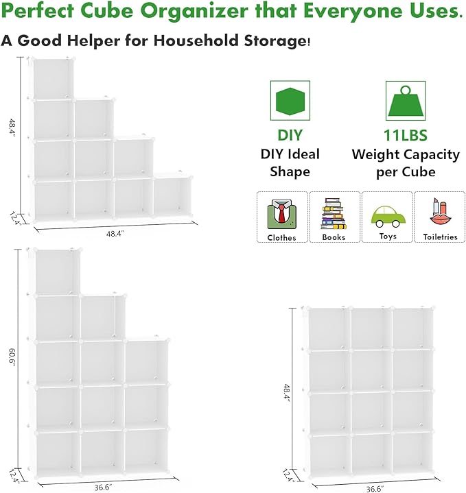 C&AHOME Cube Storage Organizer, 12-Cube Shelves Units, Closet Cabinet, DIY Plastic Modular Book Shelf, Ideal for Bedroom, Living Room, Office, 36.6" L x 12.4" W x 48.4" H Milky UPCS12M