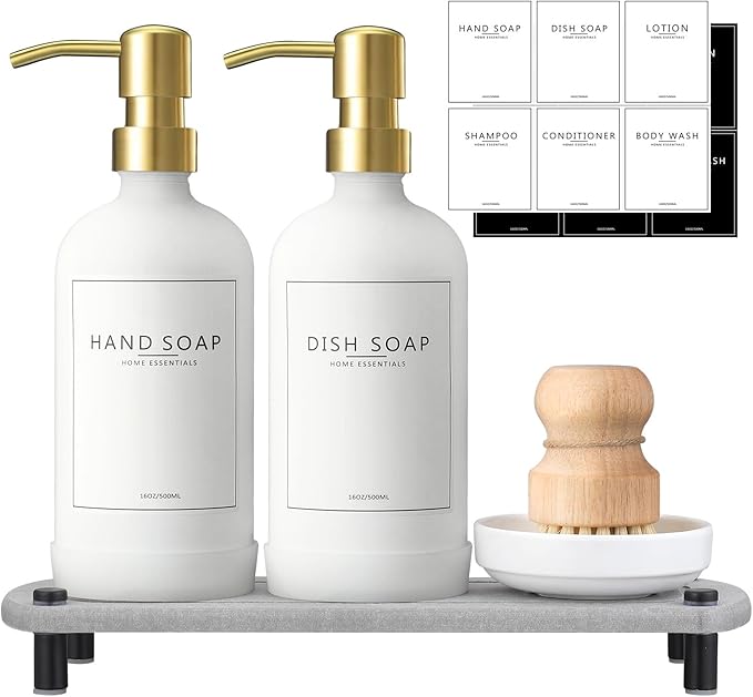 Kitchen Soap Dispenser Set with Instant Dry Tray,16 Oz Hand and Dish Soap White Glass Dispenser Set,Stainless Steel Pump,Waterproof Labels&Dish Brush,Luxury Soap Bottle for Kitchen,Bathroom