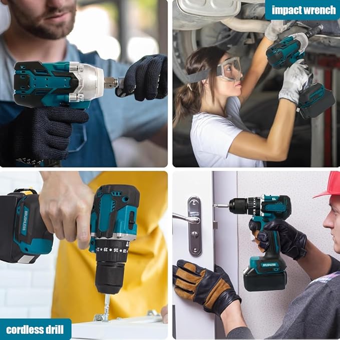 4 Sets Cordless Tools Combo Kit Set SELFIE CAT Drill and Impact Driver Combo High Torque Electric Tools Kit Hammer/Angle Grinder/Impact Wrench/Drill Impact Drill Set With 4 Batteries and 2 Chargers
