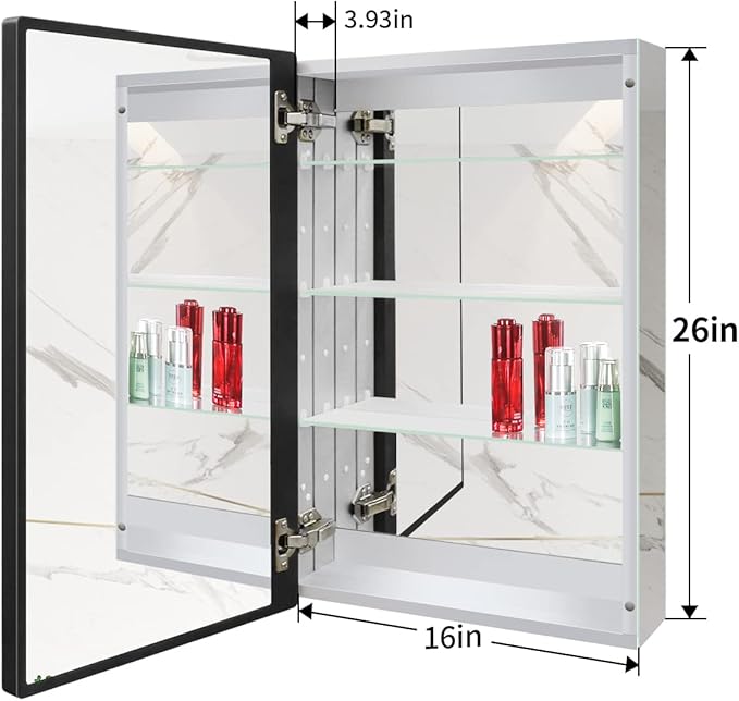 Aluminum Bathroom Medicine Cabinet with Farmhouse Black Framed 16x26 Inches Recess or Surface Mount Mirror Cabinet for Bathroom Toilet Kitchen