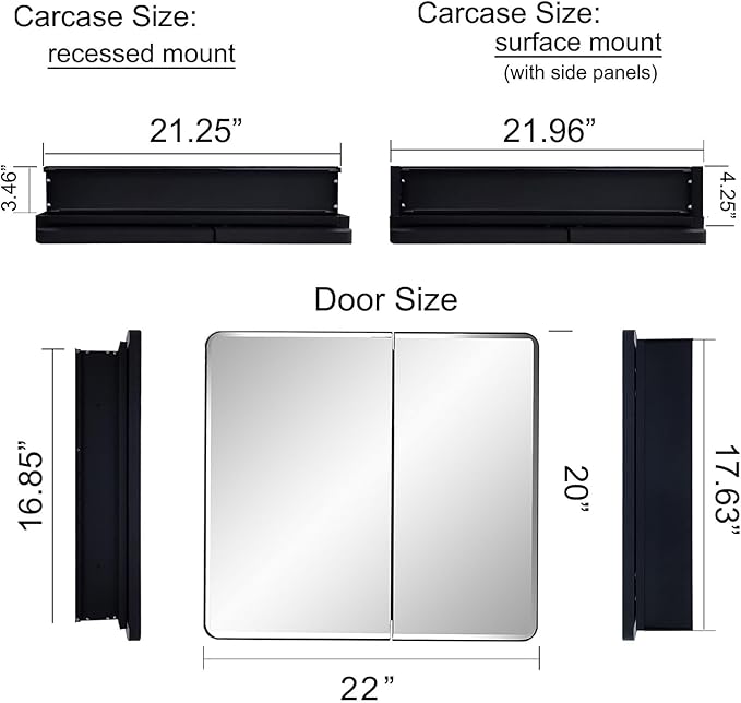 Black Bathroom Medicine Cabinet with Round Corner Framed Door and Beveled Edge Mirror 22 x 20 inch, Recessed or Surface Mount, with Adjustable Glass Shelves