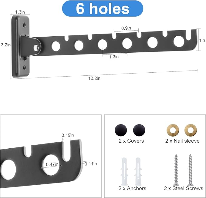 ACNISM Wall Mounted Clothes Rack, Laundry Room Hanging Rack, Retractable & Foldable Drying Rack with 180° Rotation, Space-Saver for Laundry Room & Bedroom, Bathroom Closet Storage, 2-Pack, Black