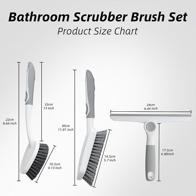 3 Pack Heavy-Duty Scrub Brush Set, Grout Brush, Shower Squeegee, Shower Cleaning Brush with Non-Slip Grip and Stiff Bristles Scrub Brushes for Cleaning Bathroom, Kitchen, Tile, Grout, Tub, Floor, Sink