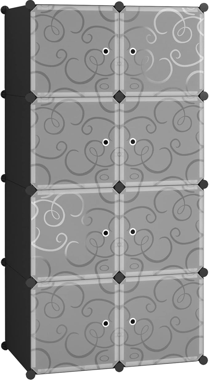 C&AHOME Cube Storage Organizer with Doors, 8-Cube Shelves, Closet Cabinet, DIY Plastic Modular Bookshelf, Storage Shelving Ideal for Bedroom, Living Room, 24.8" L × 12.4" W × 48.4" H Black UGSHS3008A