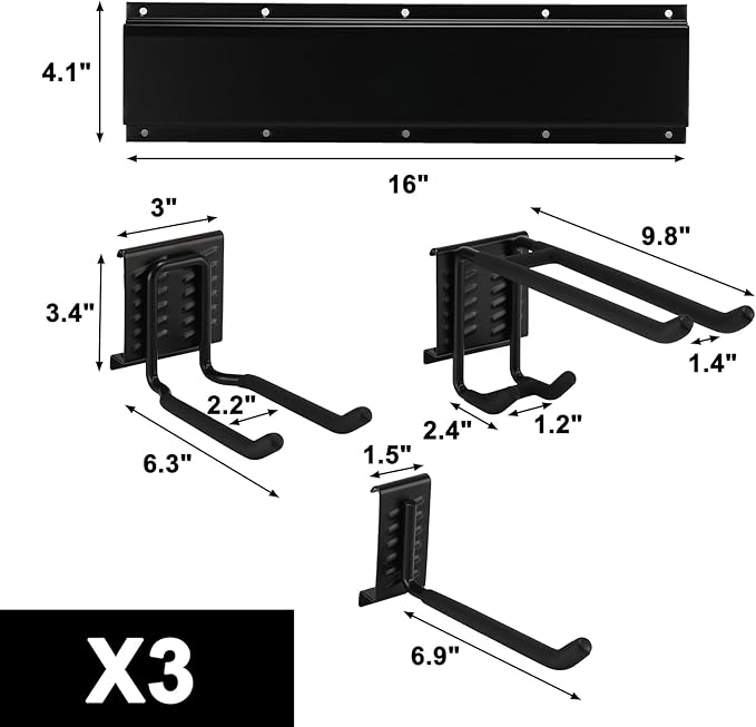 Mayouko 48 Inches Garage Tool Storage Rack, Garage Garden Storage Organizer Wall Mount, 16" x 3 Racks, Yard Shovel Rack Holder for Hanging Landscaping Equipment, Ladders, Adjustable Hook