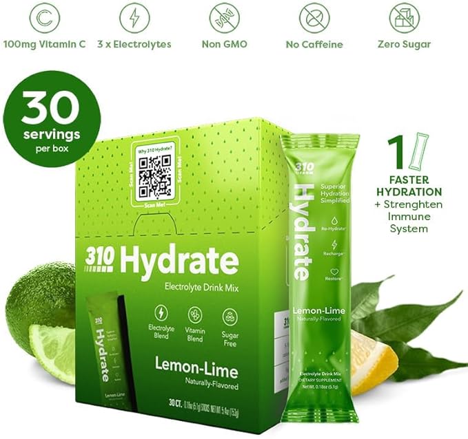 310 Nutrition Sugar Free Electrolytes Powder - Instant Hydration Packets for Daily Fluid Balance - Caffeine-Free Rehydration Drink Mix w/Vitamins, Low Calorie & Keto Friendly - Lemon Lime 30 Singles