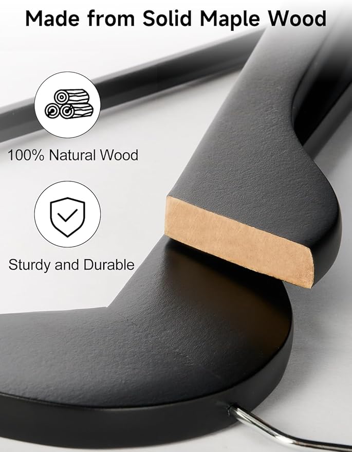 StorageWorks Black Wooden Hangers 30 Pack, Heavy Duty Wood Hangers for Closet, Clothes Hangers for Coats, Shirts, Pants, Suits