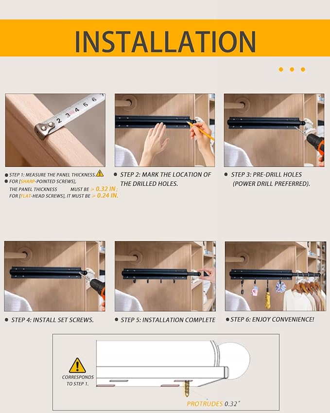 12 in Valet Rod for Closet Pull Out – Closet Valet Rod Slide Out, Heavy Duty with 4 Hooks, for Hanging Clothes/Hats/Belts & Closet/Laundry Room Organization – Black