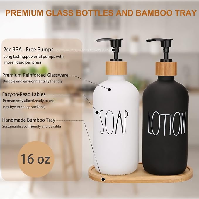 Soap Dispenser Bathroom Set, Hand Soap and Lotion Dispenser Set with Tray for Bathroom, Black and White Bathroom Decor Modern Farmhouse Decor Kitchen Art Dish Soap Holder (Black & White)