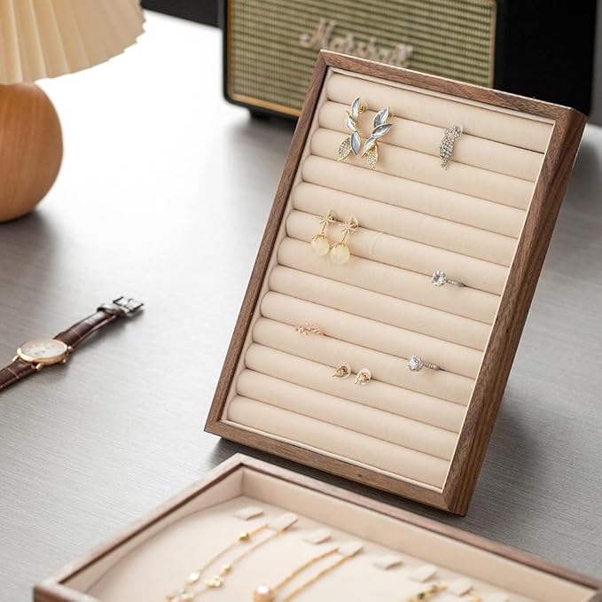 12-Line Black Walnut Wooden Jewelry Tray with Velvet Lining - Premium Ring & Earrings Storage Organizer for Drawers, Luxury Jewelry Display Tray, Elegant Jewelry Organizer for Women