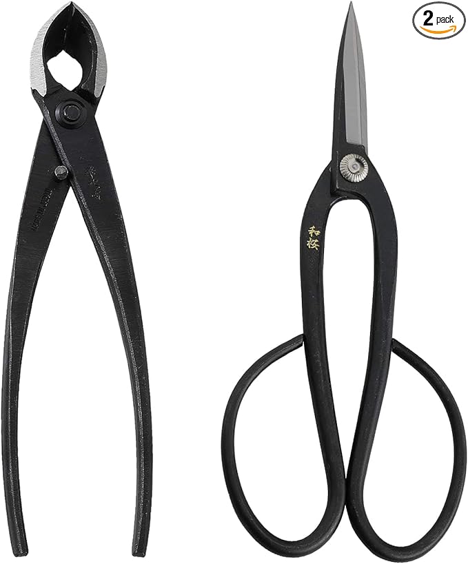 Wazakura Bonsai Tool Kit Made in Japan, Yasugi Steel Ashinaga Bonsai Scissors 8.2 inch (210mm) + Concave Branch Cutter 8 in (200mm) Starter Set (Yasugi Steel Ashinaga Scissors + Concave Branch Cutter)
