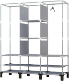 Portable Wardrobe with 10 Storage Racks and 2 Hanging Poles 6 Side Pockets Fleece Cover, Size 130 x 45 x 172 cm, Bedroom Closet Organizer (Beige)