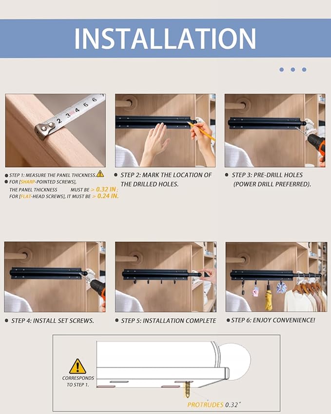 Aluminum Valet Rod, 12 in Heavy Duty Pull Out Closet Valet Rod with 4 Hooks, Adjustable Slide Out Closet Rod, Ideal for Hanging Clothes, Closet Accessories, Easy to Install (Silver)