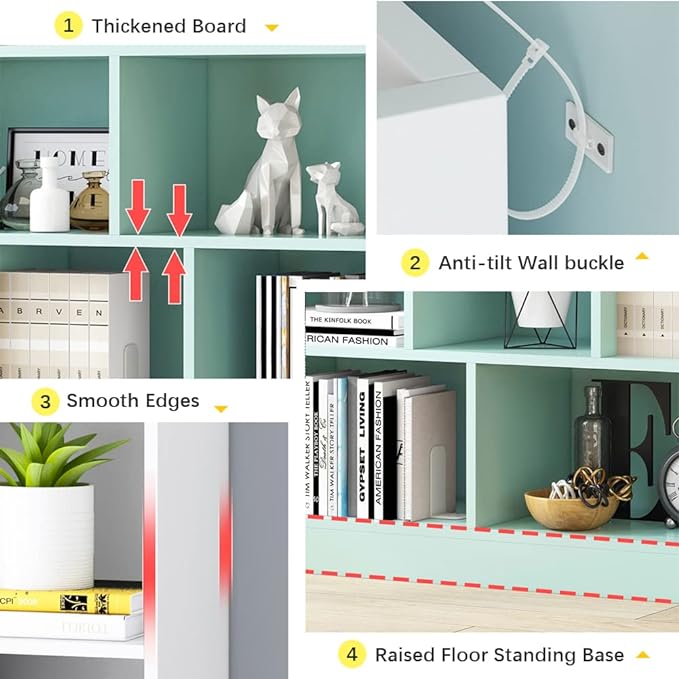 IOTXY Open Shelf Low Bookcase - Wooden 3-Tier Floor Standing Display Cabinet Organizer with Base, 8 Cubes Short Horizontal Bookshelf in Warm White