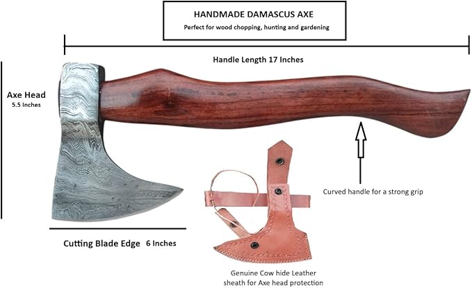 Handmade Damascus Axe with Sheath – Viking Style Hatchet with Curved Wooden Handle for Camping, Hiking, Chopping, Bushcraft, Gardening & Display
