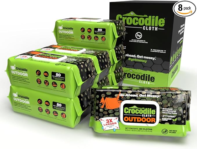 Crocodile Cloth Outdoor Cleaning Wipes – 8 Packs/640 Total Count Plant-Based Cloths (15"x10"), Skin Safe, Pre-Moistened, Aloe & Vitamin E Infused, Large, Absorbent, Multi-Surface Disposable Wipes