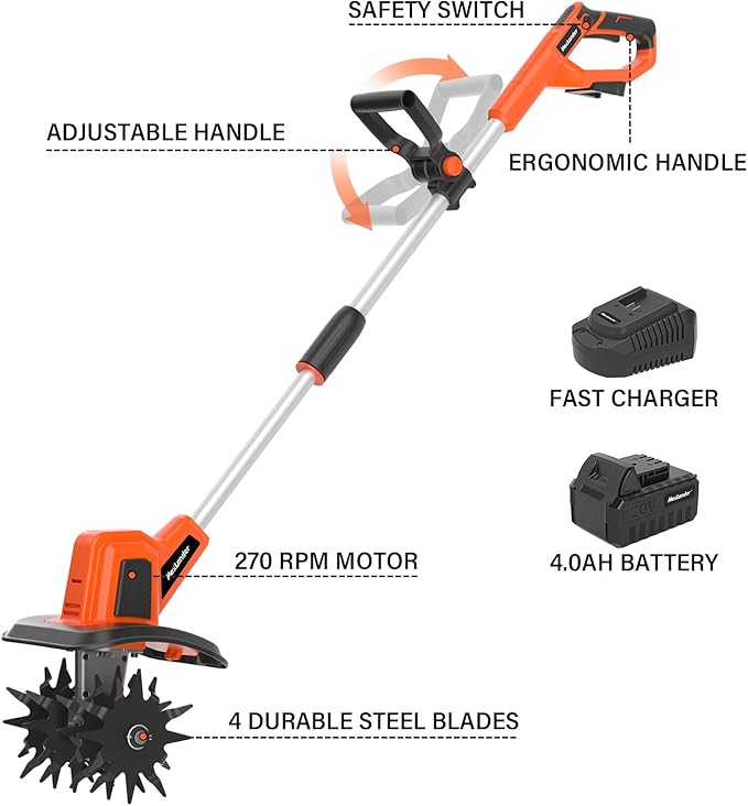 MAXLANDER 20V Cordless Tiller Cultivator, 9-Inch Electric Garden Tiller with 48 Steel Tines, 360RPM Battery Powered Rototiller for Gardening, 4.0Ah Battery and Charger Included