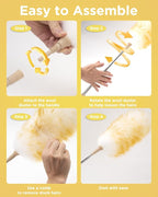 Extendable Lambswool Duster 30-100 Inch, Stainless Steel Long Handle Duster, Natural Feather Duster for Cleaning High Ceilings, Fans, Bookshelves, Interior, Cars, Brown