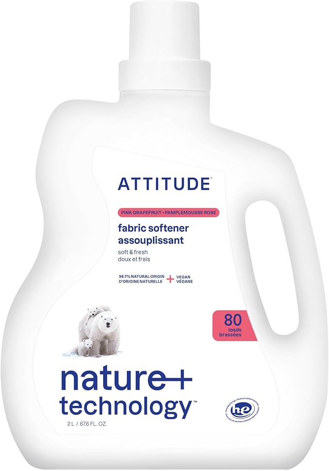 ATTITUDE Liquid Fabric Softener, Plant-Based & Vegan, HE Compatible, Naturally Derived, Pink Grapefruit Scent, 80 Loads, 67.6 Fl Oz