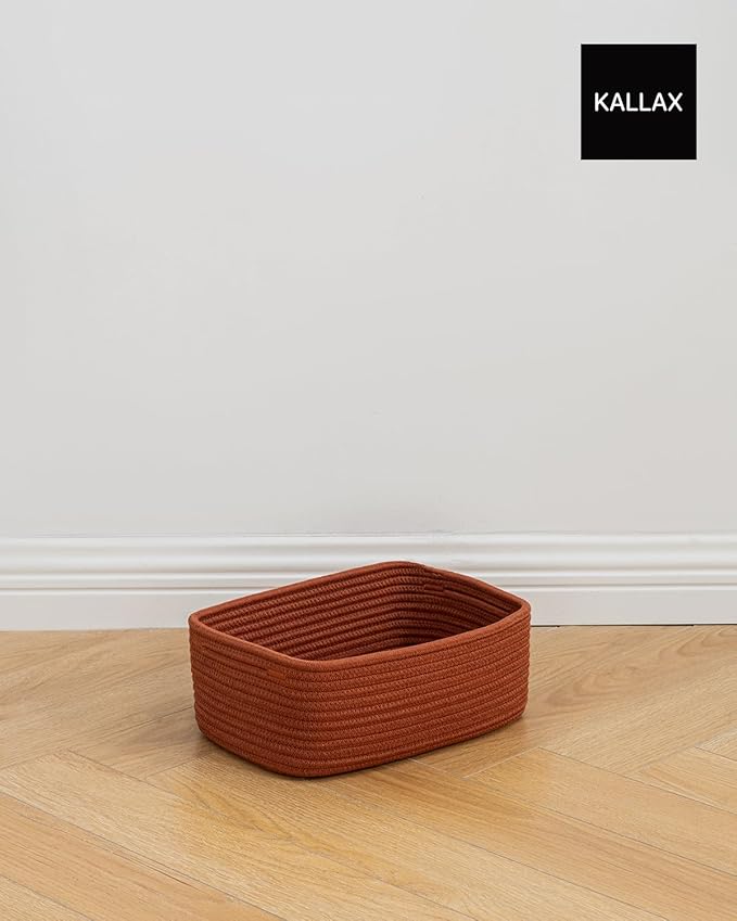 Small Woven Basket, 12 x 8 x 4.5 Inches, Storage Basket for Organizing, Cute Small Rope Shelf Closet Cube Storage Bins Baskets for Shelves, Dog Toy Gift Baskets Empty, 3 Pack Rust Red
