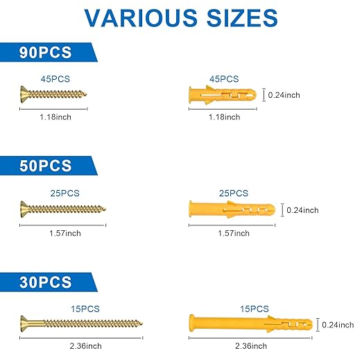 Aovchei Drywall Anchors Kit, 170pcs, 85 Plastic Drywall Anchors and 85 Philips Flat Head Screws, 3 Size #6 * 30#6 * 40#6 * 60, Wall Hanging Kit for Hanging Picture Frame, Shelf Brackets, Curtain Rod