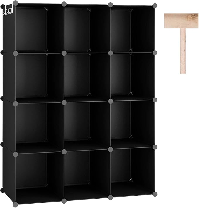 C&AHOME Cube Storage Organizer, 12-Cube Shelves Units, Closet Cabinet, DIY Plastic Modular Book Shelf, Ideal for Bedroom, Living Room, Office, 36.6" L x 12.4" W x 48.4" H Black SHS3012B