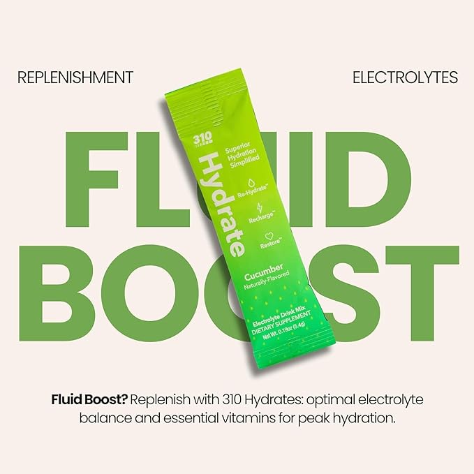 310 Nutrition Sugar Free Electrolytes Powder - Instant Hydration Packets for Daily Fluid Balance - Caffeine-Free Rehydration Drink Mix w/ Vitamins, Low Calorie & Keto Friendly - Cucumber 30 Singles
