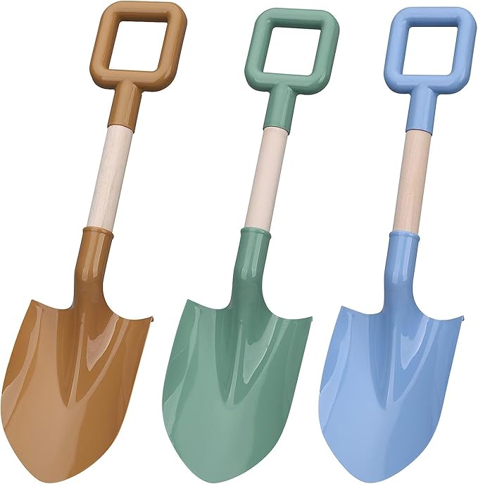 Wood Handle Beach Shovel for Kids Digging, Sand Spade Sandbox Toy for Kids 4-12, Safe Plastic Garden Backyard Planting Tools Sturdy Scoop for Boy Girl, Travel Beach Toy Summer Fun Birthday Gift